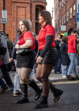 Wales rugby fans wearing mini skirts and boots