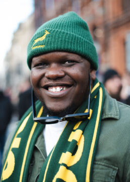 Smiling South Africa rugby fan in Cardiff